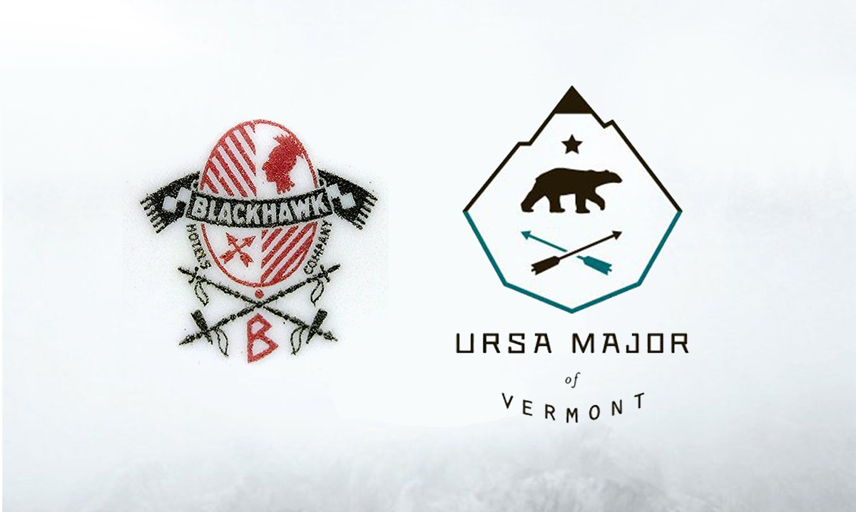 Le logo hipster du BlackHawk hotel en 1950. A droite : Ursa Major of Vermont / design par PTARMAK.