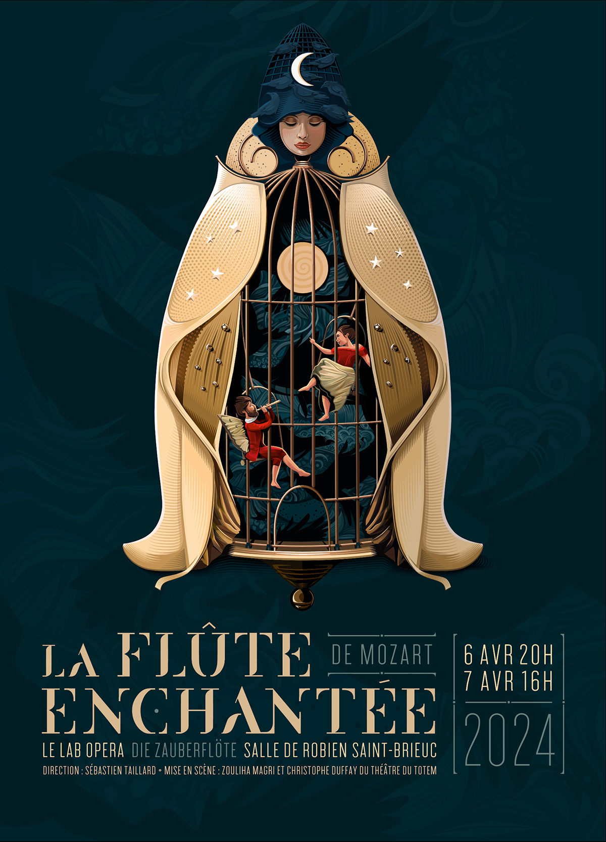 Affiche colorée et stylisée de La Flûte Enchantée, mettant en scène des personnages de l'opéra