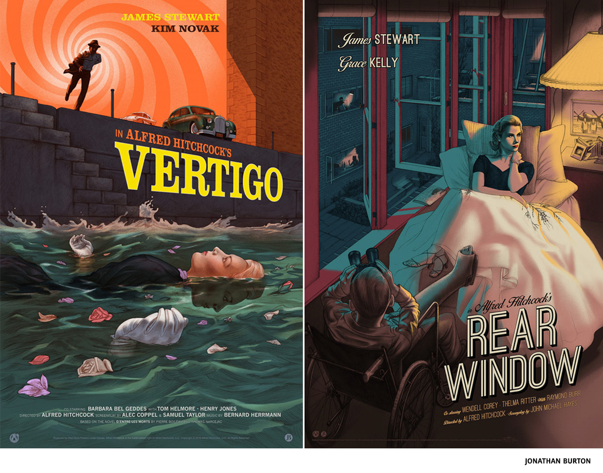 Hitchcock screenprint of Vertigo and Rear Window by Jonathan Burton