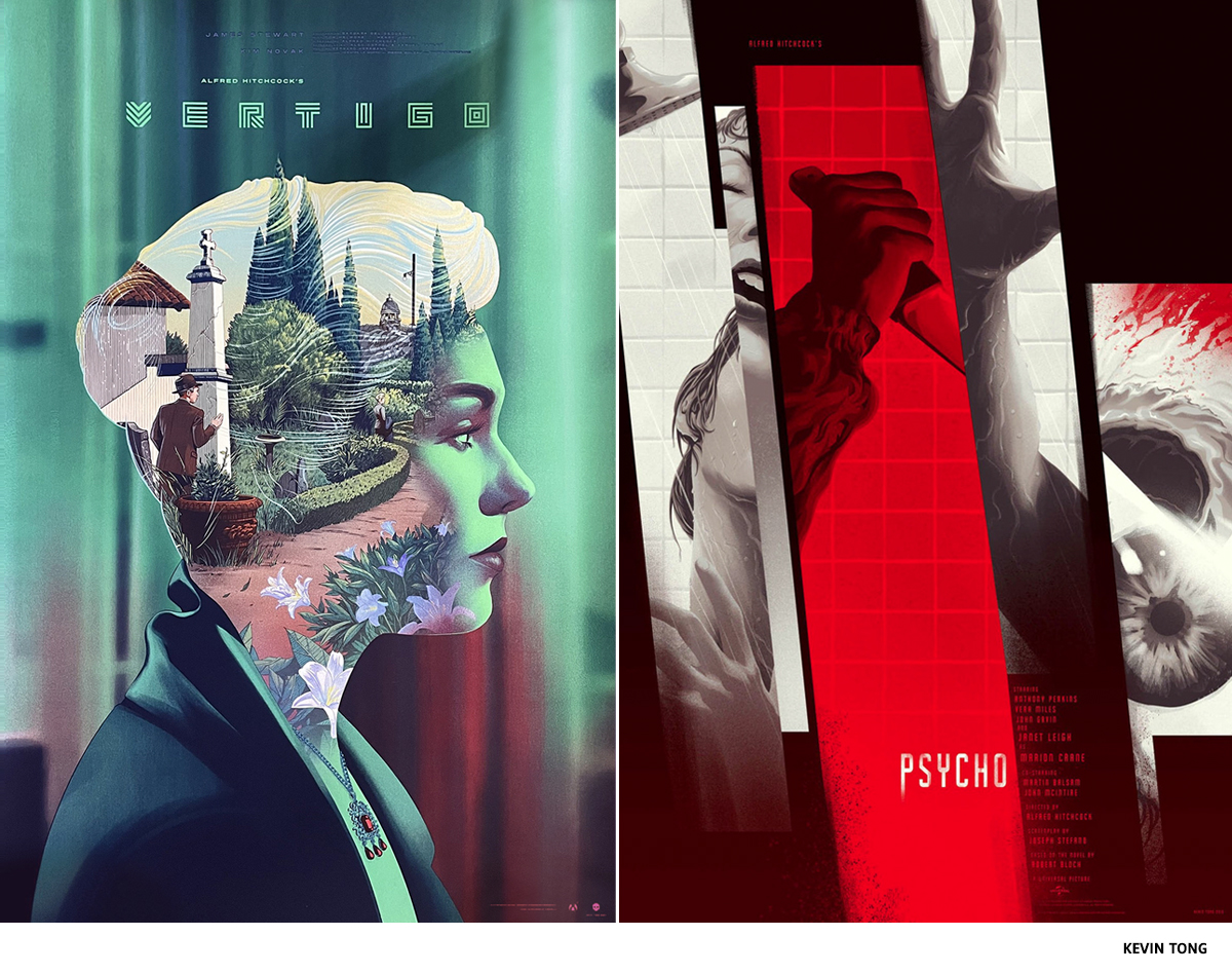 Hitchcock screenprint of Vertigo and Psycho by KEVIN TONG
