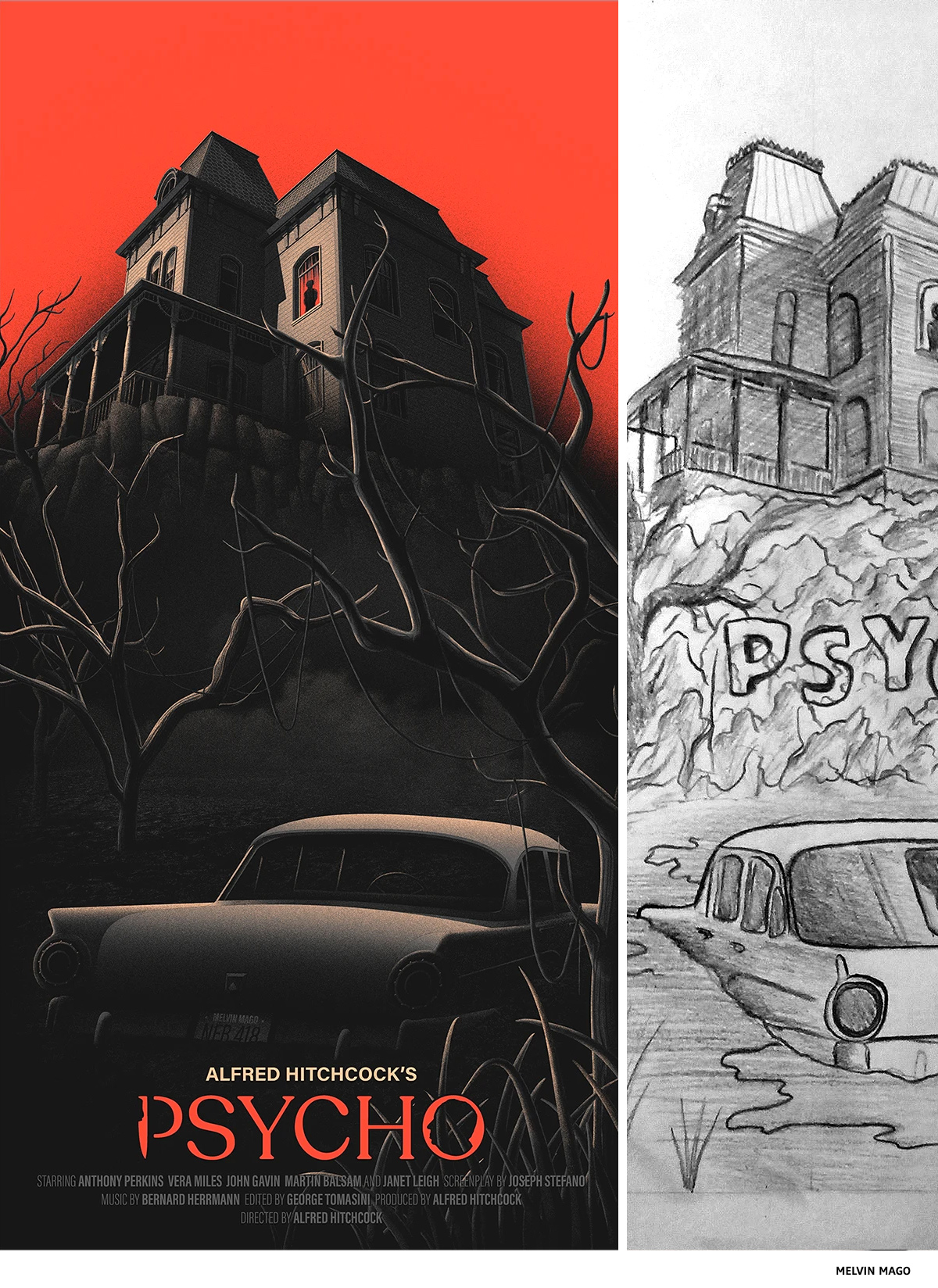 Hitchcock screenprint of Psycho by Melvin Mago